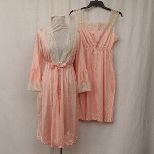 Vintage Movie Star Peach-Pink Nightgown Robe Set Large